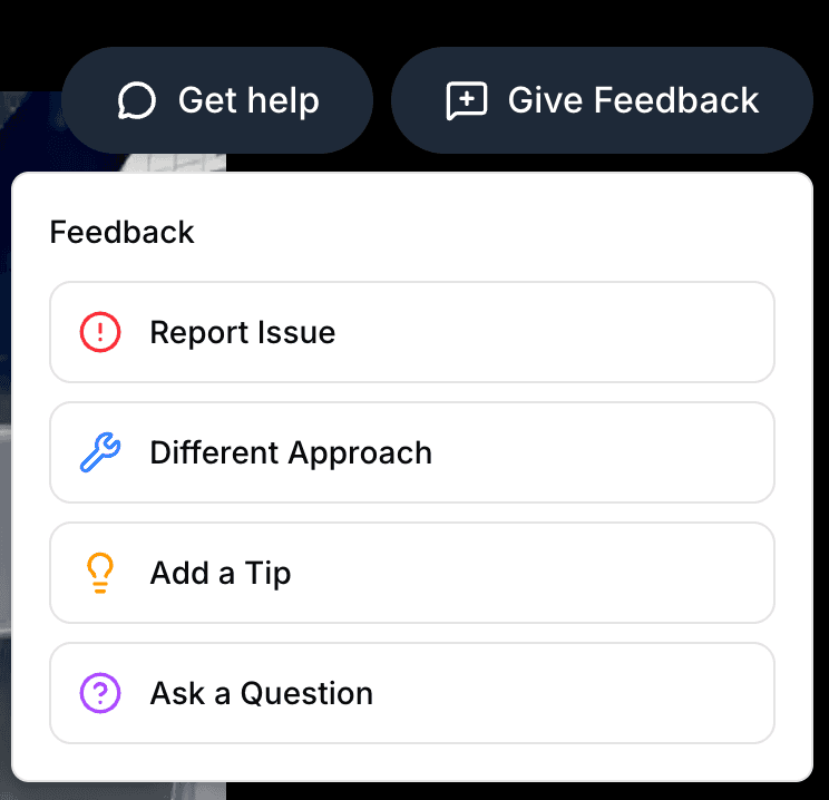 Lattify feedback options including report issue, different approach, add a tip, and ask a question